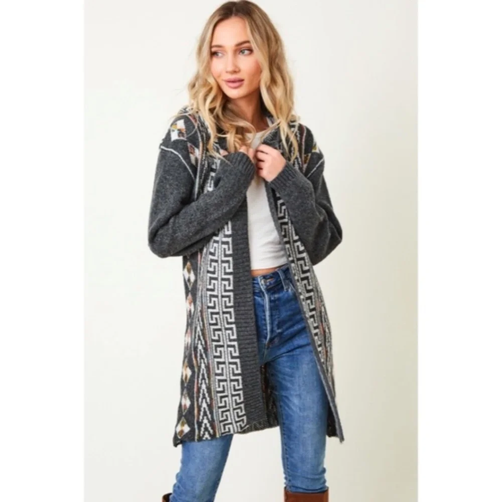 SOLD OUT Gray Native Cowichan Aztec Hooded Cardigan Sweater - Picture 5 of 10